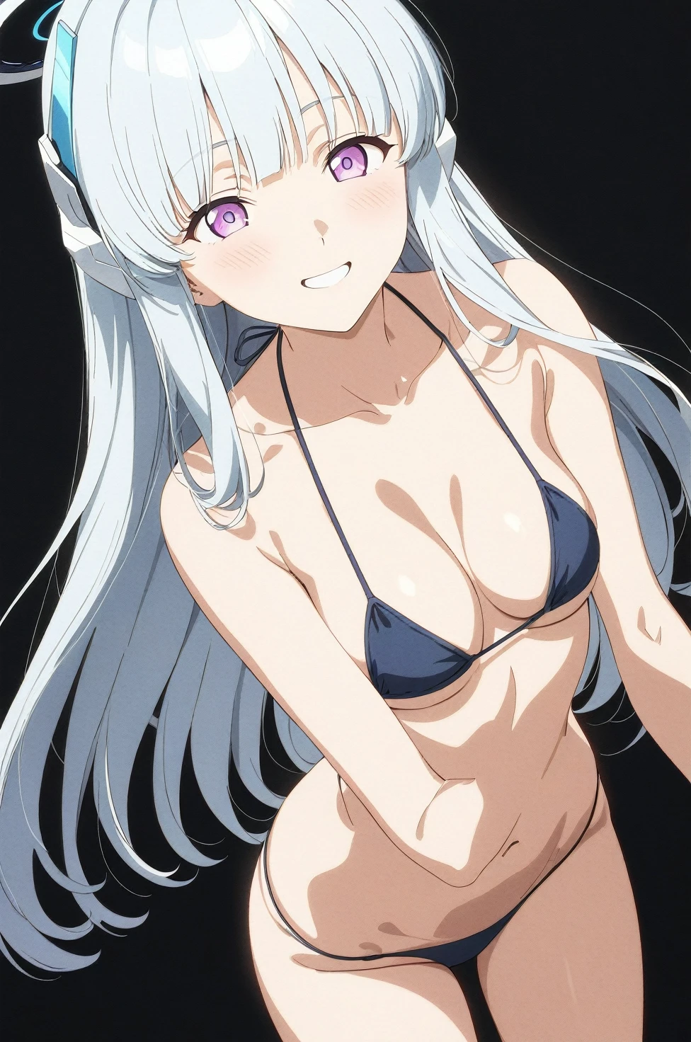 best quality, amazing quality, very aesthetic, absurdres, (1girl, noa, blue archive, solo, purpel eyes), (realistic face:0.9),(string bikini:1.8), (grin, blush, thigh:1.3), (cowboy shot), (glowing eyes), (half closed eyes:0.9), (ass), (official art:1.3), (pool), expressive eyes, perfect face, extremely detailed eyes, perfect anatomy, smooth skin, (black background:1.5), clear eyes, beautiful face, medium breasts, (anime style:1.7), (Warm Light:1.5), (highres:2), (Chiaroscuro),