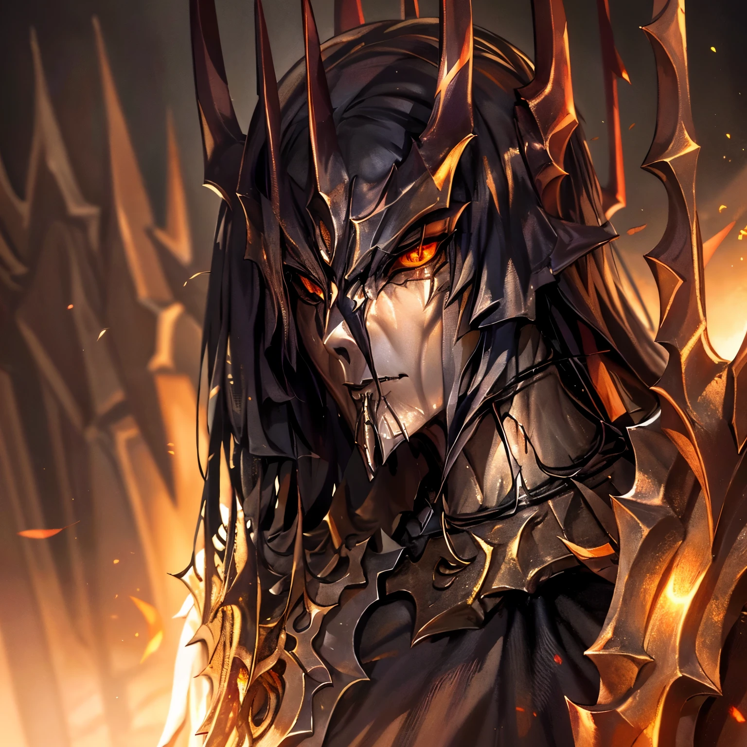 Long black hair, pale skin, beautiful refined face, golden fiery eyes with a vertebral pupil, black demonic robe, with black decorations, male, elf, lord of darkness,