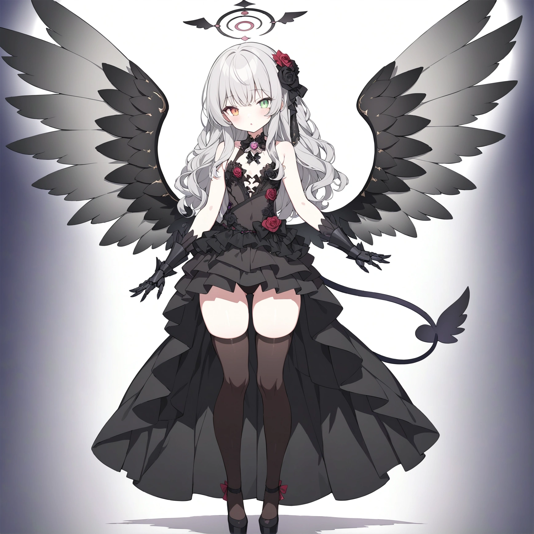 woman 160 cm tall, slim build. (character design sheet: front view). Long Wavy Gray Hair with Knee Length Curls. (heterochromia: one light green eye and one amber eye). she has little ribbons in her hair, rose-shaped brooch on the right side of the hair. extremely detailed face, small face, Beautiful detailed eyes, beautiful detailed lips. adorable, extremely detailed legs, (Best Quality, 4k, 8k, high resolution), ultra detailed, Exquisite and epic character art... Black high stockings with gold star print... Black platform heels, Ruffle Lace Low Waist One Piece Dress.. It has complex mechanical arms that reach up to the forearm, black with small red details.... dark gray belt at the waist with a small blue crescent, black necklace on the neck with rose-shaped decoration. He has small angel wings on his back that are dark blue and black.... It has a succubus tail that ends in the shape of a heart. Wide hips. Wears a luminous gray and black halo with rose patterns... (small chest size). beautiful detailed wings. beautiful detailed hair, beautiful detailed dress. extremely detailed arms.