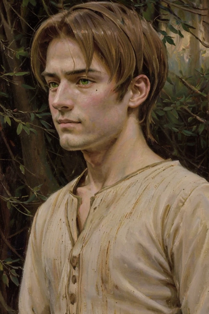 In realistic oil painting portrait of high quality and detail, Rudeus Greyrat (Mushoku Tensei), 19 century style, Classicism, 1man, full body, 18-year-old, sharp features, detailed face, sad smiling expression, a tall, well-built young teen man with a handsome appearance. He has light brown hair and green eyes, and he also has a mole under his left eye, dark and moody lighting, portrait, contrasting colors, subtle shadows, mysterious atmosphere, outdoors, dark forest on the background, he stands near the tree, (ultra-high detail:1.2), Masterpiece, Best Quality, Ultra-detailed, Cinematic lighting, 8K, delicate features, cinematic, 35 mm lens, f/1.9, highlight lighting, global lighting –uplight –v 4, Cinematic lighting, 8K, high quality, Highest Quality, (Solo Focus), (extremly intricate:1.3), (Realistic), masterful, Analog style, (Film grain:1.5), (warm hue, cold tone), Mystical powers, fantasy, Depth & Perspective, movie style, dark and mysterious atmosphere, 