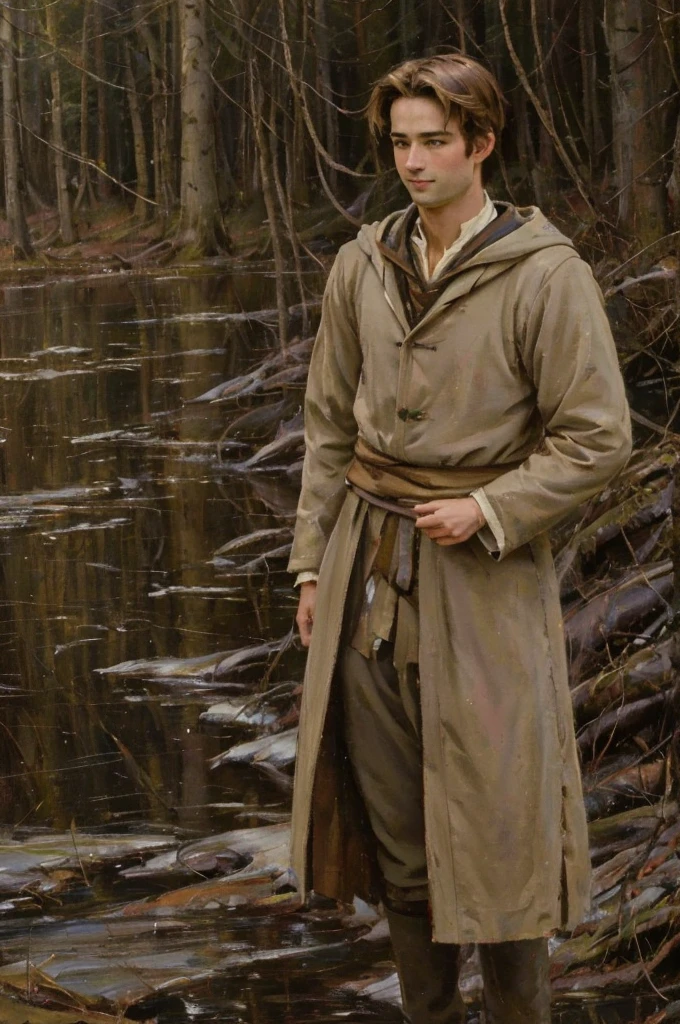 In realistic oil painting portrait of high quality and detail, Rudeus Greyrat (Mushoku Tensei), 19 century style, Classicism, 1man, full body, 18-year-old, sharp features, detailed face, sad smiling expression, a tall, well-built young teen man with a handsome appearance. He has light brown hair and green eyes, and he also has a mole under his left eye, dark and moody lighting, portrait, contrasting colors, subtle shadows, mysterious atmosphere, outdoors, dark forest on the background, he stands near the tree, (ultra-high detail:1.2), Masterpiece, Best Quality, Ultra-detailed, Cinematic lighting, 8K, delicate features, cinematic, 35 mm lens, f/1.9, highlight lighting, global lighting –uplight –v 4, Cinematic lighting, 8K, high quality, Highest Quality, (Solo Focus), (extremly intricate:1.3), (Realistic), masterful, Analog style, (Film grain:1.5), (warm hue, cold tone), Mystical powers, fantasy, Depth & Perspective, movie style, dark and mysterious atmosphere, 