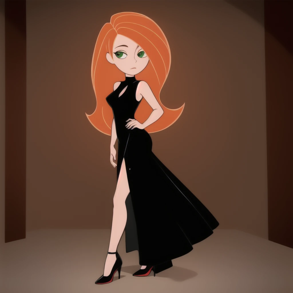 Best_QualityPos, RAW photo, intricate details, best quality, 8k uhd, soft lighting, 1girl, solo, green eyes, orange hair, long hair, black dress, long dress, high heels, Lola Bunn
