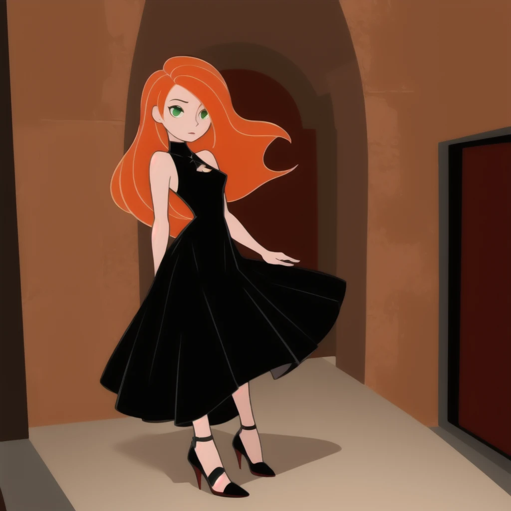 Best_QualityPos, RAW photo, intricate details, best quality, 8k uhd, soft lighting, 1girl, solo, green eyes, orange hair, long hair, black dress, long dress, high heels, Lola Bunn