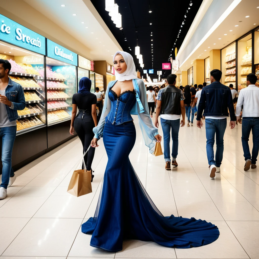 A woman in the sheer night gown, wear corset with bra expose, wear denim jacket,wearing modern hijab, full body, mermaid tight long gown, flowy dramatic long gown,very long flor length gown, tall women, walk in mall, between people, in the middle of the crowd, shoping bag, sexy face, eat ice cream cone,sexy pose, wear high heels, masterpice, hyper realistic