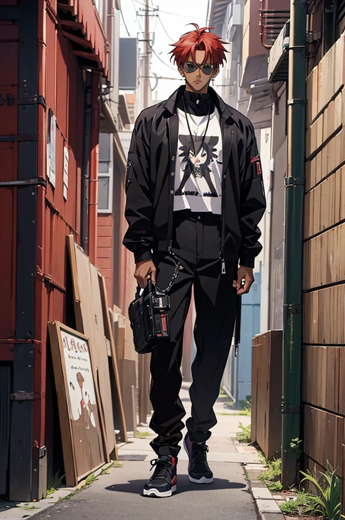 ((Work of art)), ((2000s anime style)), ((Very detailed)), ((4K)), 1 man, dark skin, American style hair, red hair color, has a goatee, wears earrings , wears round sunglasses, wearing a black car driver's jacket, baggy black pants, baggy pants, arms crossed, behind him is a large garage full of Motorcycles.