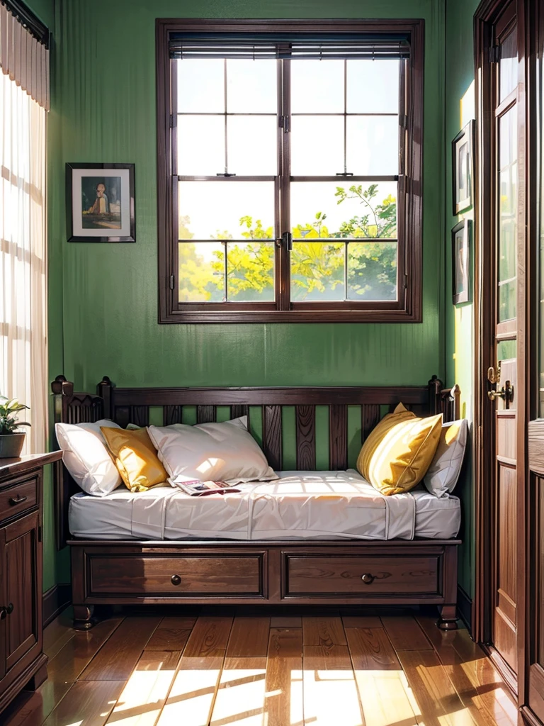 A medium size room with two large windows, one on the front amd one on the left. There is a bed on the right close to a wordrobe and a door to the bathroom. A study table and a sofa, (best quality, 4k, 8k, high resolution, masterpiece: 1.2), ultra-detailed texture (realistic, photorealistic, photorealistic :1.37) : additional details of the illustration: sunlight coming through the window, vintage color tone: warm and earthy: soft natural light