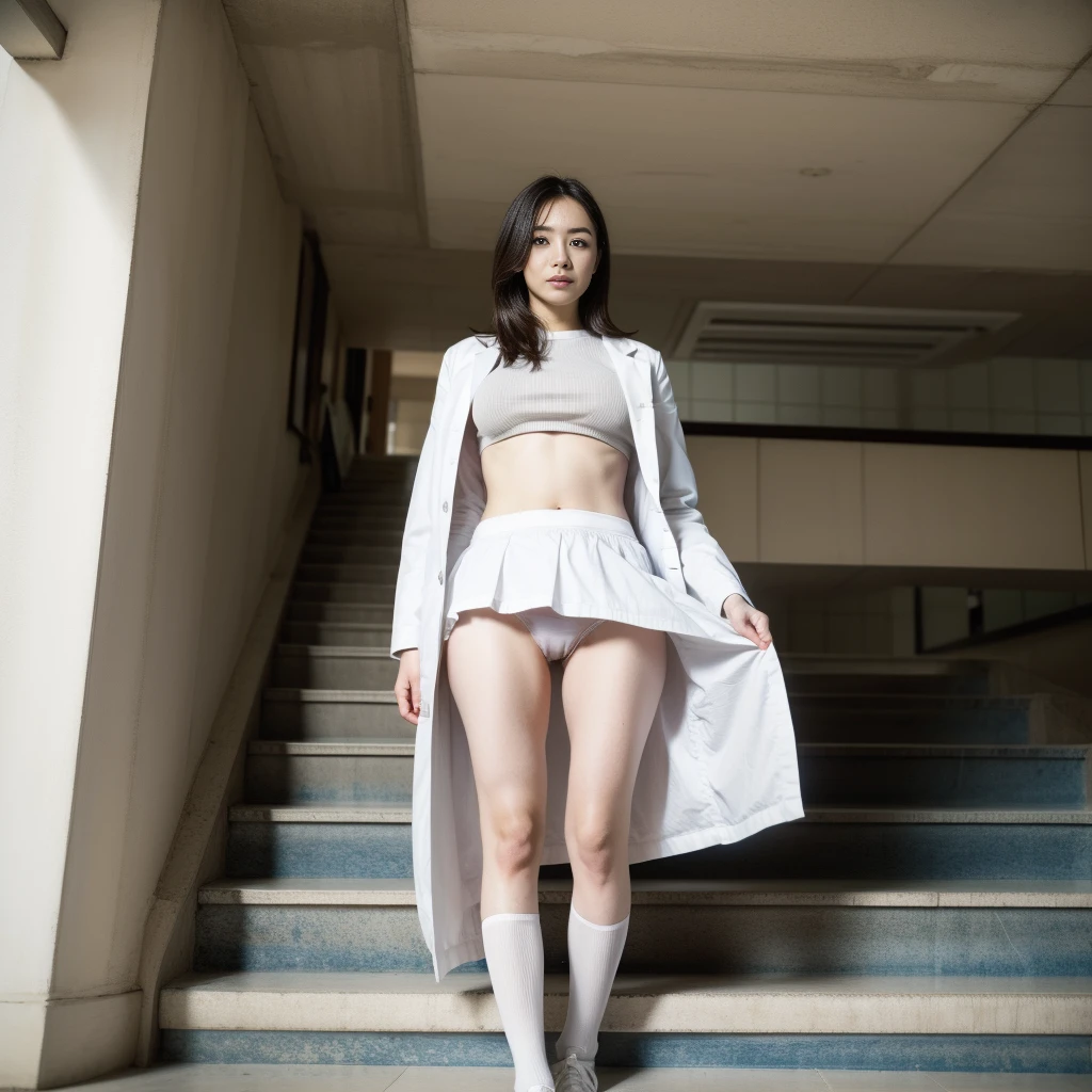 (YES SFW), a nurse wears a white coat, (windy upskirt), [panty_upskirt and cameltoe]. (1 doctor woman wears a white labcoat), upskirt of female doctor standing on the stairs. ((a woman standing:1.5)), [The character (complete) is surrounded by mist, evoking a mysterious and eerie atmosphere. The lighting is dark and atmospheric, with a red smoke adding a touch of sinister ambiance. Best quality image, with a resolution of 4k and HDR enhancement, showcasing the utmost level of detail and realism, full body shot:1.5]. [8K, Best Quality, Masterpiece, Ultra High Resolution]. 