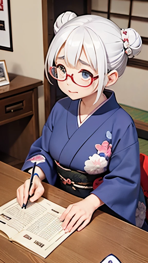 Cute old woman、60-year-old woman、One Woman、kimono、Kappo、White Hair、Japanese anime、comical、4 heads、Bun Hair、Round face、Round Glasses、Sit at a desk、front、fortune teller、Astrology、Depressed expression、