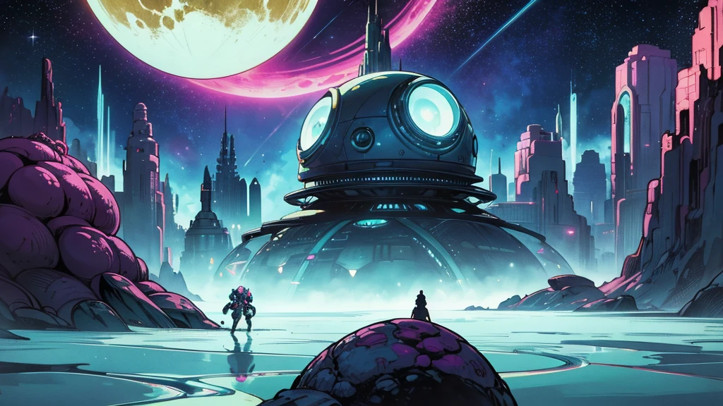 Create a dazzling alien world in the style of 1950s-70s comic book art. Use bold outlines, halftone patterns, and exaggerated perspective. Employ intense, saturated colors reminiscent of vintage four-color printing. Choose ONE of these elements:
-A gleaming futuristic city with impossible architecture and flying vehicles
-Bizarre, tentacled monsters with multiple eyes and otherworldly appendages
-A desolate, crater-filled landscape with twin moons in the sky
-Retro space girls in sleek silver suits and bubble helmets
-A massive, ring-shaped space station orbiting a technicolor planet
-Crystal formations and alien plant life in neon hues
Maintain a psychedelic, otherworldly atmosphere with swirling, colorful skies and strange celestial bodies. Emphasize the contrast between light and shadow to create a dramatic, pulp sci-fi feel.