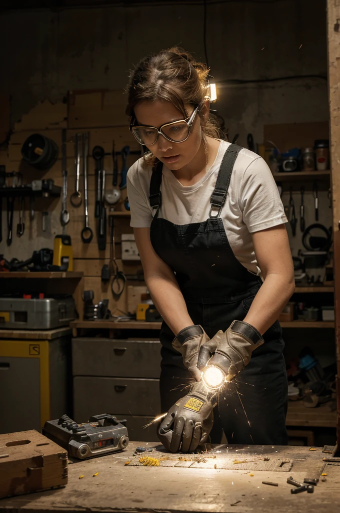 "In a well-equipped workshop, the scene focuses on a workbench where several electrical tools are arranged. At the center, an electric saw is in operation, cutting a piece of wood accurately, with sparks flying due to contact with a hidden nail. The saw makes a loud, screeching sound, creating a high tension atmosphere. from beside, an electric drill is partially inserted into a piece of metal, with filings falling around. The environment is illuminated by bright lights, that highlight dust particles in the air. Safety equipment, such as protective glasses and gloves, are visibly hanging on the wall, emphasizing the importance of safety when using power tools. The scene captures the intensity and focus needed when wielding these powerful tools, even in the absence of people."

