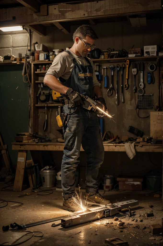 "In a well-equipped workshop, the scene focuses on a workbench where several electrical tools are arranged. At the center, an electric saw is in operation, cutting a piece of wood accurately, with sparks flying due to contact with a hidden nail. The saw makes a loud, screeching sound, creating a high tension atmosphere. from beside, an electric drill is partially inserted into a piece of metal, with filings falling around. The environment is illuminated by bright lights, that highlight dust particles in the air. Safety equipment, such as protective glasses and gloves, are visibly hanging on the wall, emphasizing the importance of safety when using power tools. The scene captures the intensity and focus needed when wielding these powerful tools, even in the absence of people."

