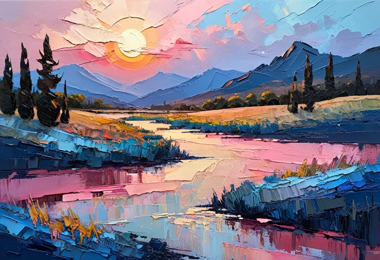 a thick textured oil painting, impasto brushstrokes, dry brushing,revealing underlayers, breathtaking composition, beautiful sunset glow, warm beautiful scene, moody lighting, dramatic shadows, muted earthy colors, vibrant colors, highly detailed, masterpiece, using a palette of light pink, muted blue, dark grayish blue, bright blue, blue shade of emotion, Ensure that the design elements are balanced and harmonious. Greg Gossel: Combines collage and mixed media with street art influences to create vibrant and dynamic pieces.