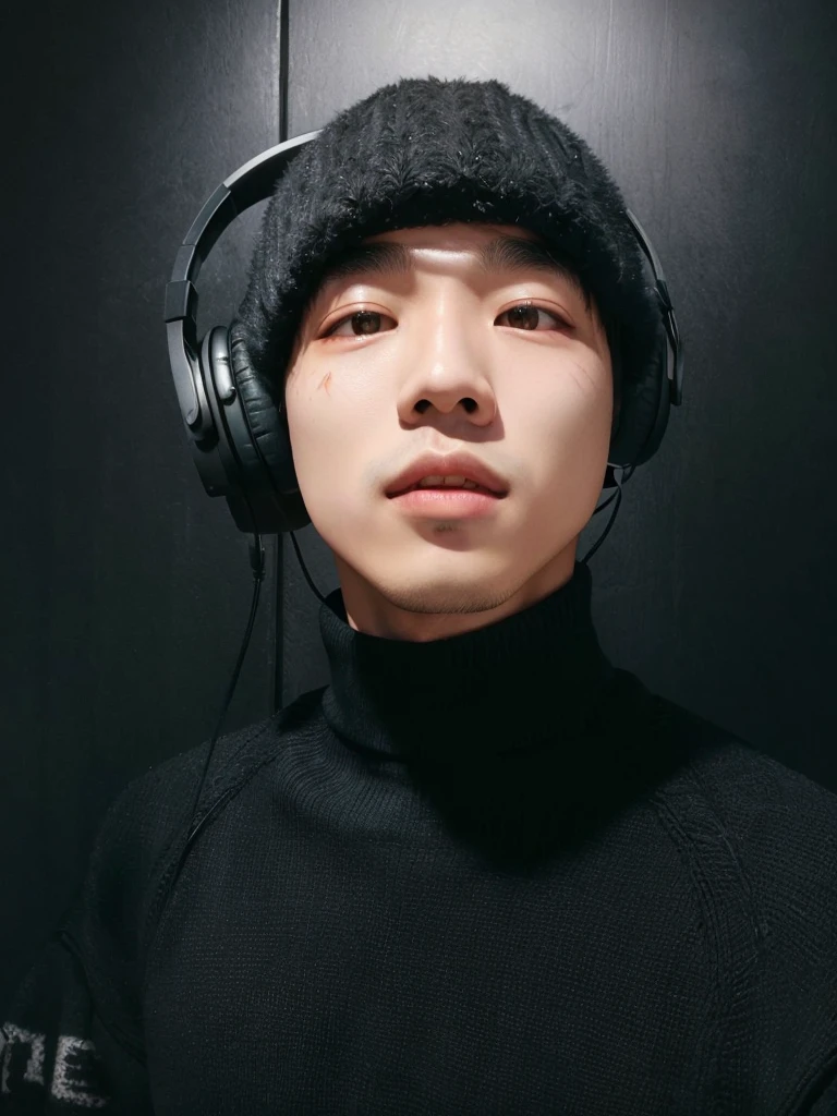 chiseled asian man wearing headphones and a black sweater, Hong Jun Hyung, Kim Doyoung, hyung tae, Tae June Kim, jaeyeon nam, park Jimin, profile picture with headshot, Seseon Yoon, Jimin, sun yunjoo, Jimin\the right eyelid is swollen, sangsoo jeong, Jinyoung Shin, Hsiao-ron, accurate Jimin face