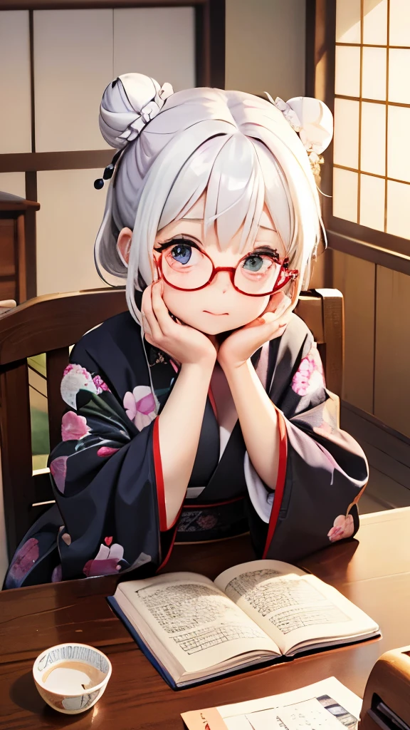 Cute old woman、60-year-old woman、One Woman、kimono、Kappo、White Hair、Japanese anime、comical、4 heads、Bun Hair、Round face、Round Glasses、Sit at a desk、front、fortune teller、Astrology、Depressed expression、