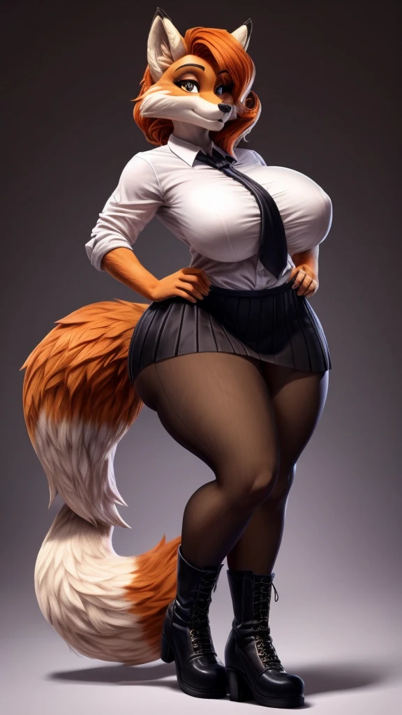 Skye from Paw Patrol, as a mature adult female mommy fox, fluffy flowy ginger orange hair, magenta iris, tall, big breasts, big butt, thick thighs, balanced body type, white shirt with black tie, black skirt, black pantyhose, boots, detailed, standing, solo, beautiful, high quality, awesome texture, clear background, great hair, fluffy tail, 4K