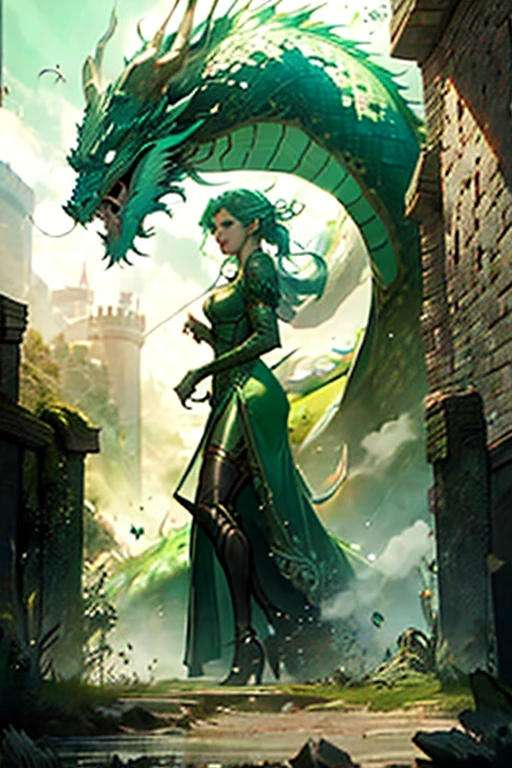 A princess facing a green giant dragon, she is wearing an elegant dress and wielding a big berserk. The setting is a castle.