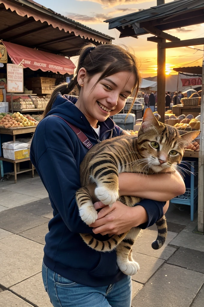Setting: Sunset in the marketplace.
Action: With the situation resolved, tabby cat Whiskers is carried back home by the stall owner, who laughs gently at the adventure. Whiskers, tired but relieved, heads back to her cozy spot in the kitchen, reflecting on her day.