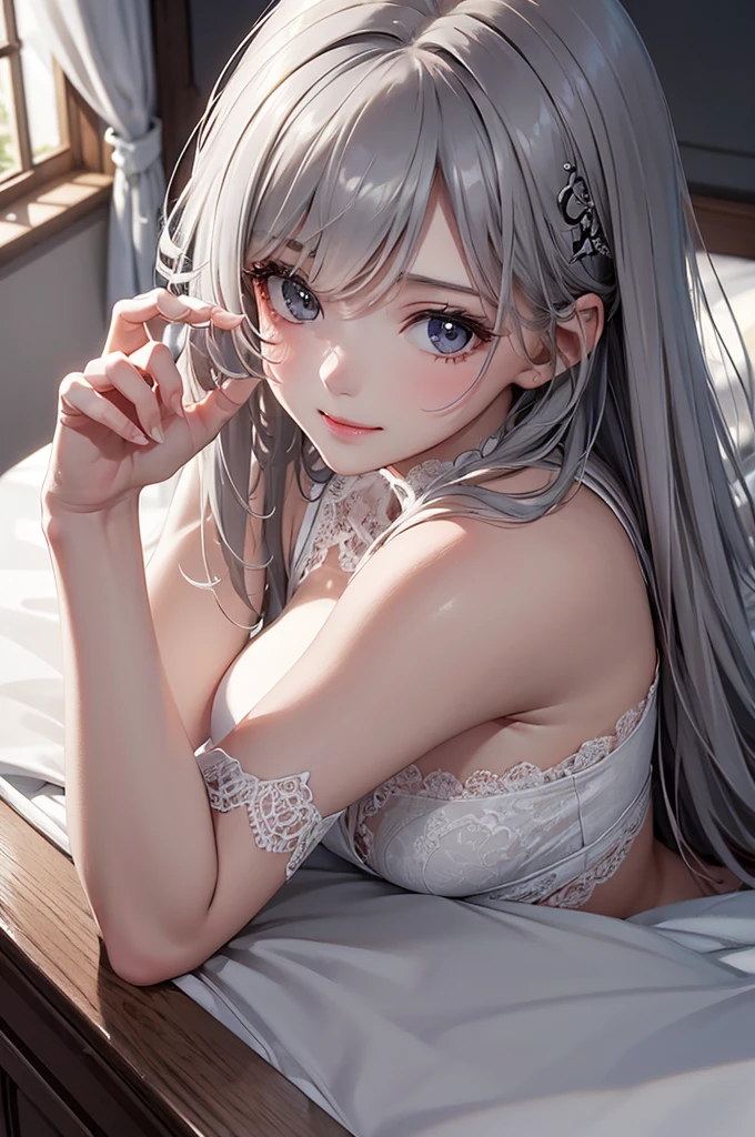 Best Quality,High resolution,8K,finelity detailed background,Masterpiece:1.2),beautiful girl,Glossy romance gray hair,asymmetrical hair,Gray eyes,Gentle look,A refreshing look,Best quality,Best Quality,Aesthetic and aesthetic:1.2,Best details((Super detailed))(High-definition CG illustrations),Grey underwear (gray,intricate lace),Slender body,moon,Late Night,Bedroom,On the bed,smile,blush,cute,Scrounge,Looking up,Being spoiled,super model,shoot from above