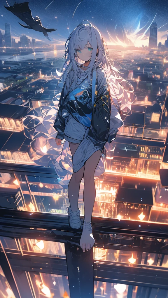 monochrome color、masterpiece, Exquisite detail,Highest quality, One girl, alone, handrail, cloud, Looking up at the buildings,Long Hair, NULL, Long sleeve, Power lines, White footwear, Black Hair, View your viewers, Electric pole, bangs, cloudy NULL, fish, bird, Green Eyes, Shorts, Day, Black Shirt, barefoot,Whale flying in the sky,Giant whale,night,star,milky way,night,Pitch black,Buildings,Sitting