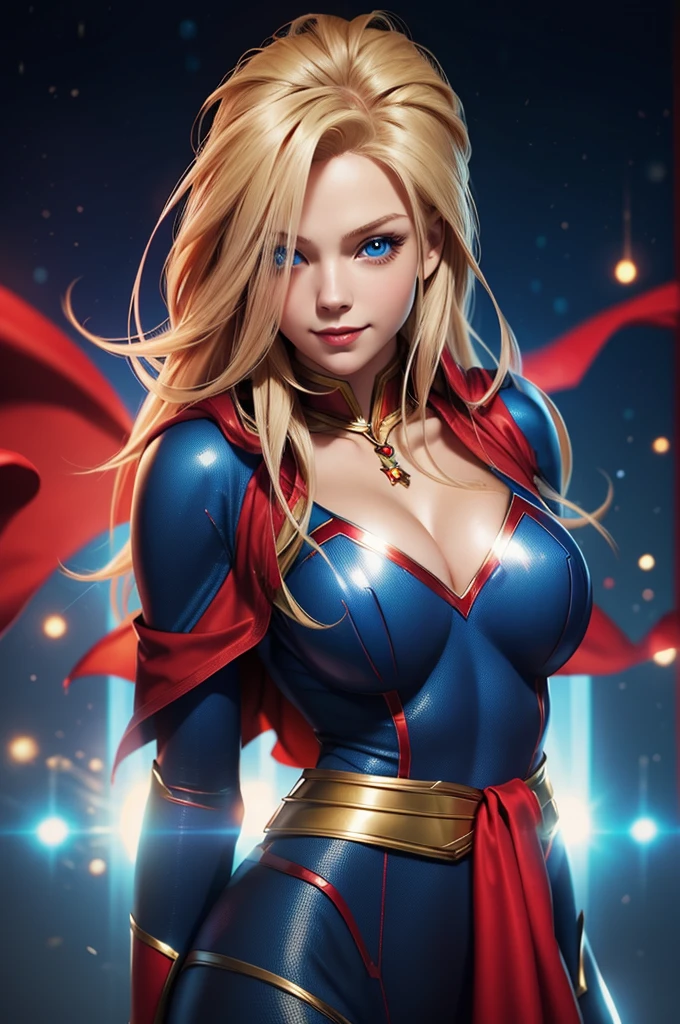 The character Supergirl, perfect blue and red costume with the traditional "S" in the chest, red cape, shiny little blue eyes, extremely beautiful blond hair, beautiful smile , perfect anatomy and extremely beautiful face, hyperrealistic face