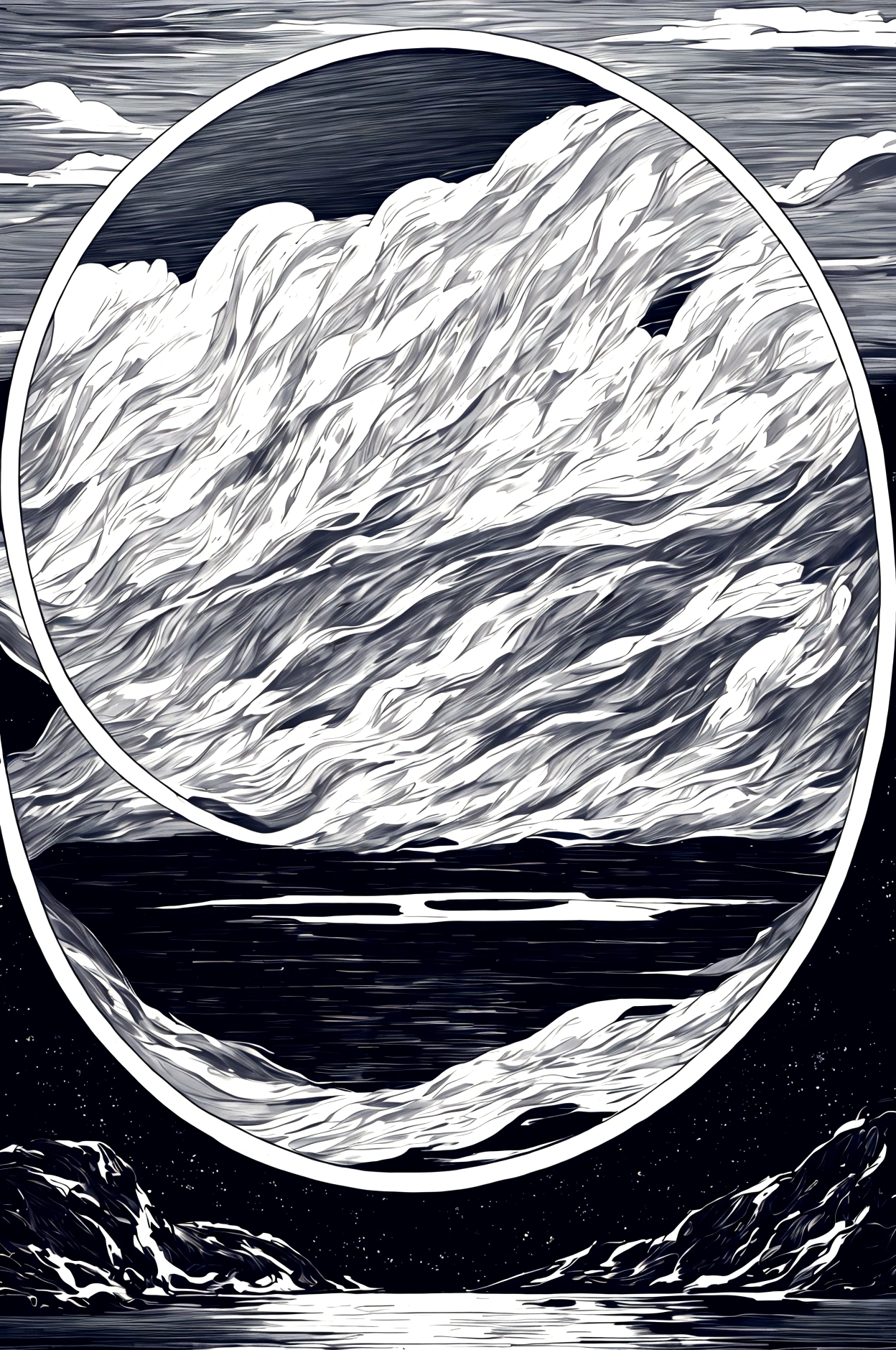 Air currents and lake reflections, Cloud band entanglement,Black sky,White and black (high quality)Copperplate engraving art,Excellent composition golden ratio,Award-winning works