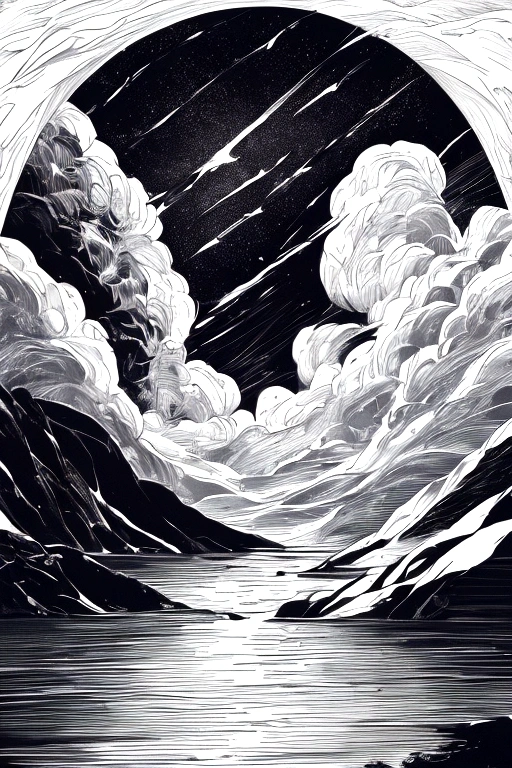 Air currents and lake reflections, Cloud band entanglement,Black sky,White and black (high quality)Copperplate engraving art,Excellent composition golden ratio,Award-winning works