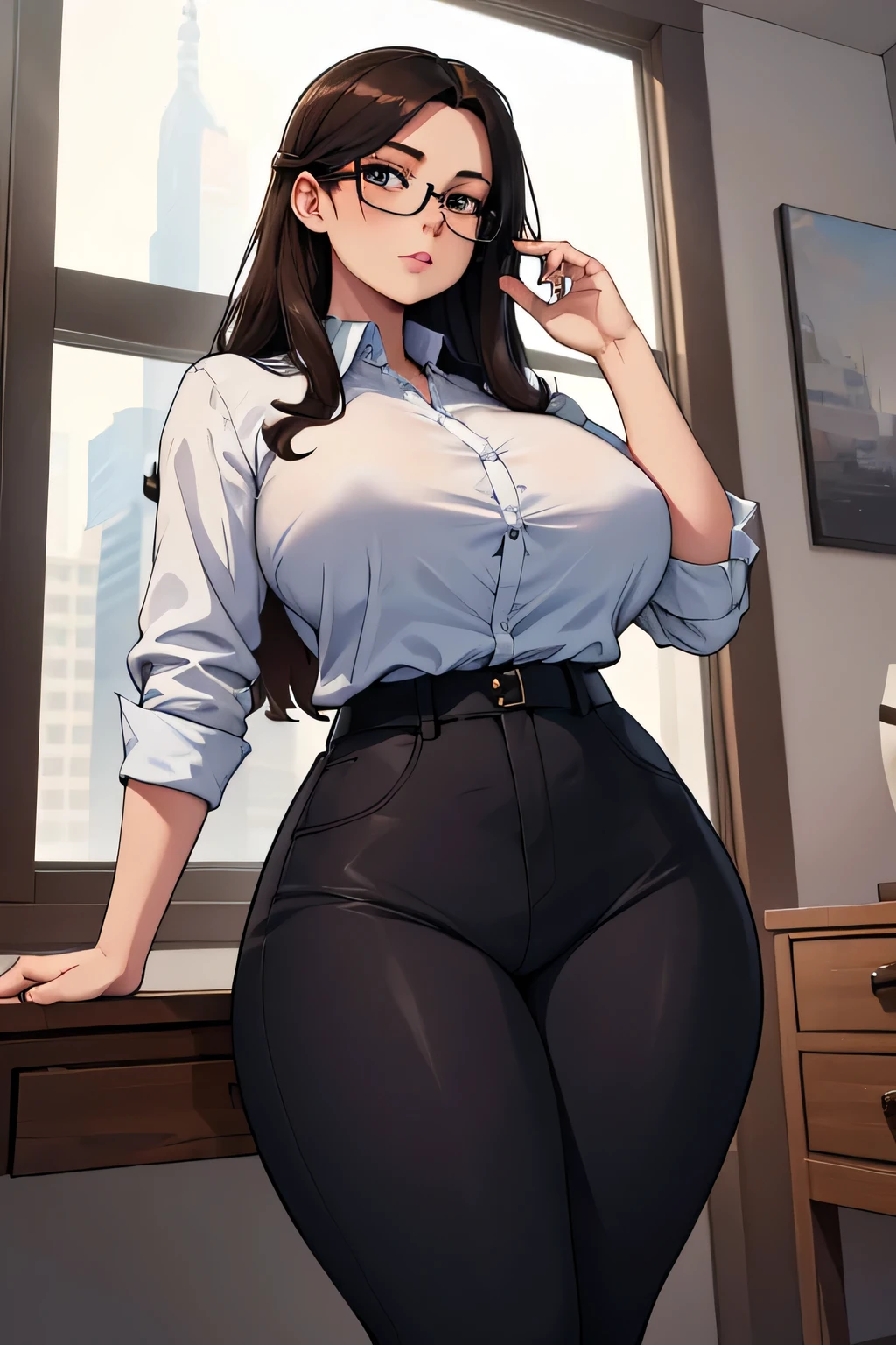 absurdres, high res, ultrasharp, 8K, masterpiece, 1girl, long hair, , no bangs, dark brown hair, curvy huge breasts, glasses, secretary outfit, blue buttoned-up blouse, formal look, tight pants