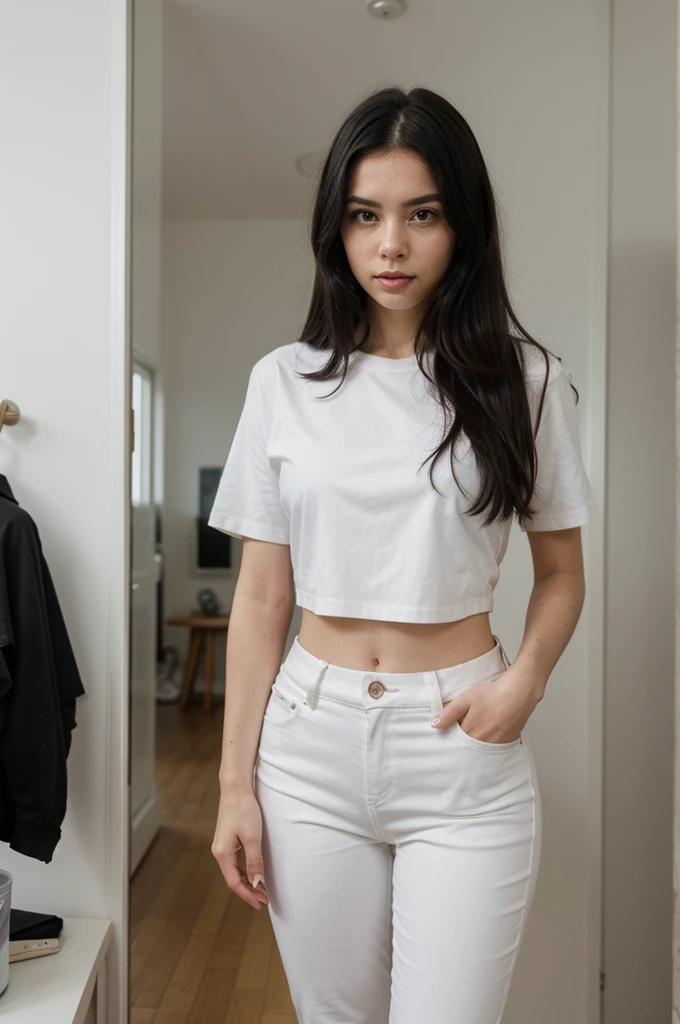 woman with black hair. Mince. White shirt. with white pants. She takes photos behind the mirror, her head is hidden by her iPhone