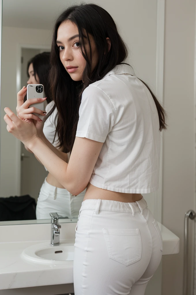 woman with black hair. Mince. White shirt. with white pants. She takes photos behind the mirror, her head is hidden by her iPhone