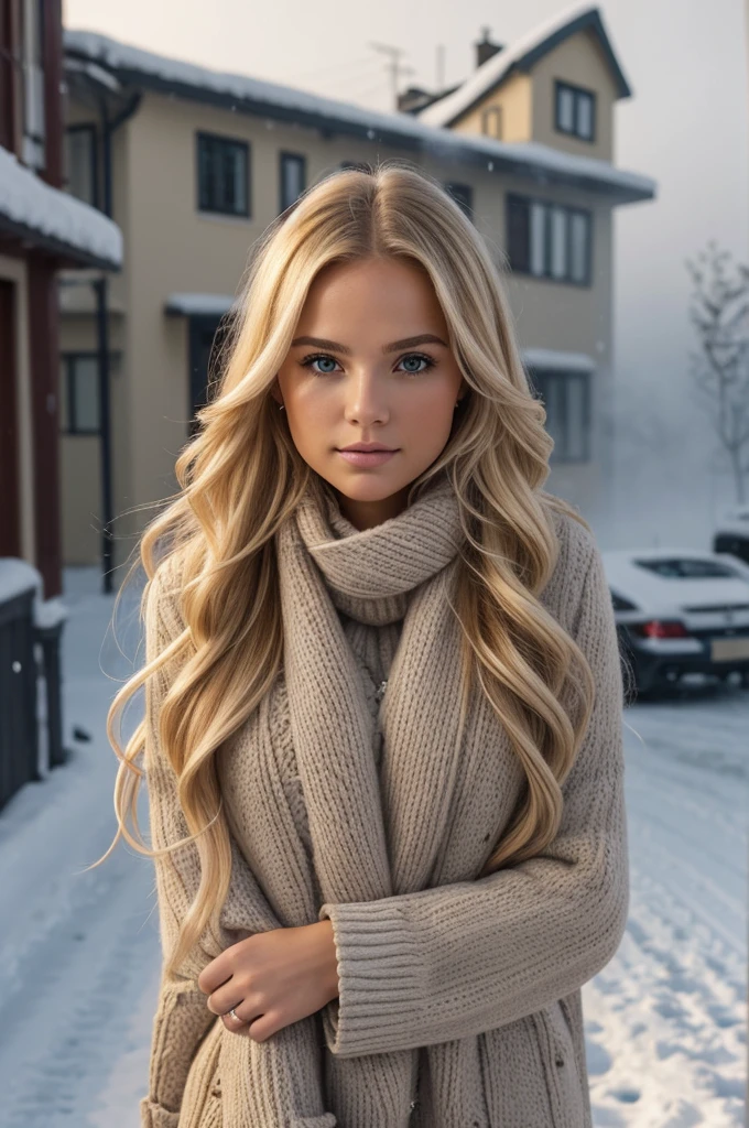 proFessional portrait photograph oF a gorgeous Norwegian girl in winter clothing with long wavy blonde hair, sultry Flirty look, gorgeous symmetrical Face, lindo maquillaje natural, wearing elegant warm winter Fashion clothing, ((parado afuera en una calle nevada de la ciudad)), impresionante entorno urbano moderno, ultra realista, arte conceptual, elegant, muy detallado, Intrincado, sharp Focus, depth oF Field, F/1. 8, 85mm, Tiro medio, plano medio, (((proFessionally color graded))), bright soFt diFFused light, (volumetric Fog), tendencia en instagram, hdr 4k, 8k