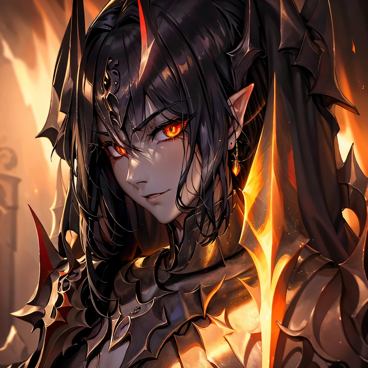 Long black hair, pale skin, beautiful refined face, golden fiery eyes with a vertebral pupil, black demonic robe, with black decorations, male, elf, lord of darkness,