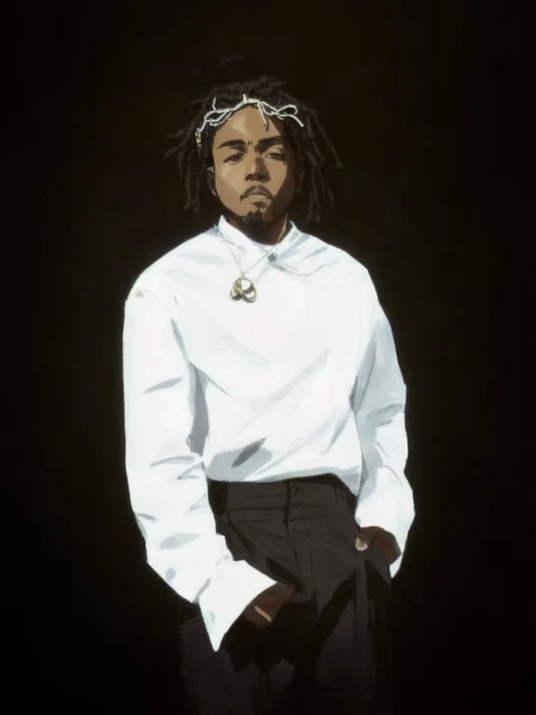 Subject: Kendrick Lamar
Creative detailed descriptions: Wearing a white shirt and dark pants, this enigmatic character stands with their face hidden from view. A silver chain with a pendant hangs gracefully around their neck. Their posture exudes a sense of stillness, with one hand casually tucked into their pocket.
Environment: The dark background adds an air of mystery, leaving the surroundings shrouded in ambiguity.
Mood/Feelings and atmosphere: A sense of intrigue and suspense fills the scene, capturing the essence of the unknown.
Artistic medium and techniques: Embracing the 80s anime style, vibrant colors and bold lines bring the character to life. Dynamic shading and exaggerated proportions enhance the dramatic effect.
Artists, illustrators, painters, art movements: Inspired by the works of Hayao Miyazaki, Akira Toriyama, and the influential anime movement of the 1980s.
Camera settings: Utilize a high-quality digital camera, adjust the lighting to accentuate the character's features, and apply post-processing techniques to achieve the desired anime aesthetic.