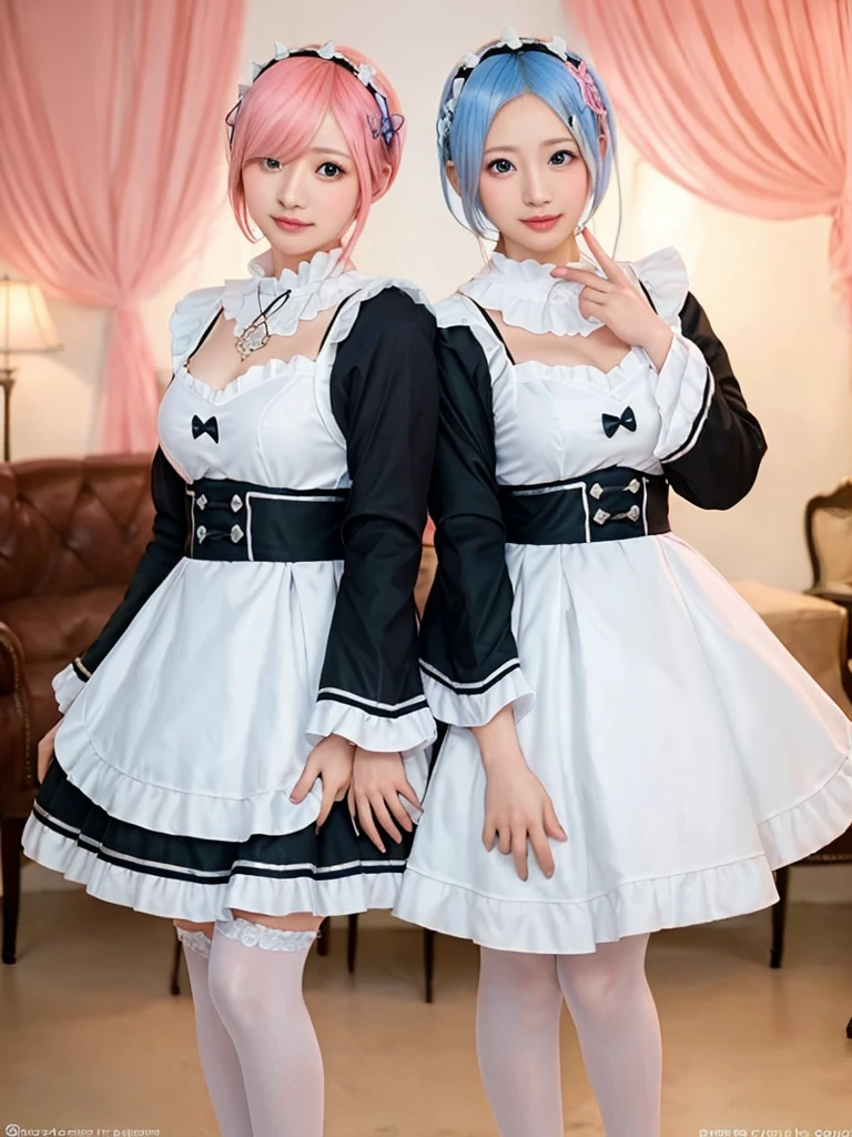 Accurate depiction with high resolution,(8K, Photorealistic, Raw photo, of the highest quality: 1.3), (1girl in), Super beautiful, (Realistic face), (boyish, pink Color Berry Shorthair), Beautiful , Glare that captivates the viewer, Beautiful expression, Beautiful breasts, (Realistic skin), Be...Create a detailed and colorful image of Ram and Rem from Re:Zero, standing back-to-back in their maid outfits, with a magical fantasy background、14years old, two girls,cute, perfect face, beautiful, nice body, gothic lolita clothes, gothic lolita fashion, frilly skirt, headdress, necklace, bracelet, knee-high socks, boots, double eyelids, tear bags, Detailed down to the fingers, photo-like description, indoors, dim indoor lighting, one girl is pink hair and short bob, another girl is light blue hair and short bob,standing,whole body, composition that shows the whole body, smiling,The Both of them are wearing the same type of maid outfit,Optimal ratio of 4 fingers and 1 thumb,walking