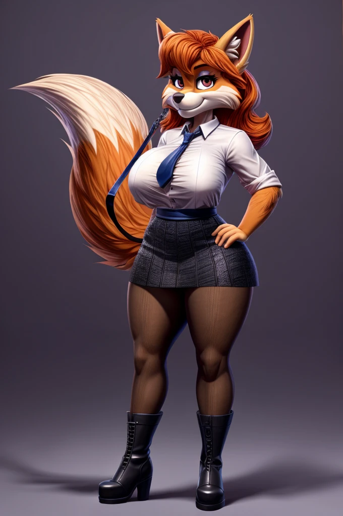 Skye from Paw Patrol, as a mature adult female mommy fox, fluffy flowy ginger orange hair, magenta iris, tall, big breasts, big butt, thick thighs, balanced body type, white shirt with black tie, black skirt, black pantyhose, boots, detailed, standing, solo, beautiful, high quality, awesome texture, clear background, great hair, fluffy tail, 4K