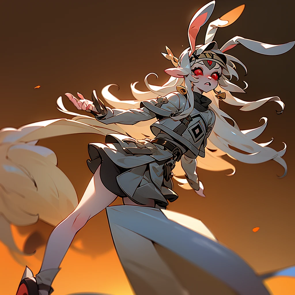 ((1Girl)) ((Bunny girl)) ((Bunny ears)) ((Bunny tail)) ((Cultist)) ((Heterochromia Iridium)) ((Black and Red eyes))

She has long white hair that touches the ground, she has heterochromia iridium, her left eye is red, and her right eye is black, she has pale skin, with freckles all over, she has long brown bunny ears, and a brown bunny tail, she has bunny whiskers, she dresses in a gothic fashion, wearing skirts, and tiny tops, she has bruised knees, and wears platforms, she is a bunny-human hybrid, she is a cultist, a cult leader, she has bangs covering a hole in her forehead, she has brusies on her body, holding a knife.