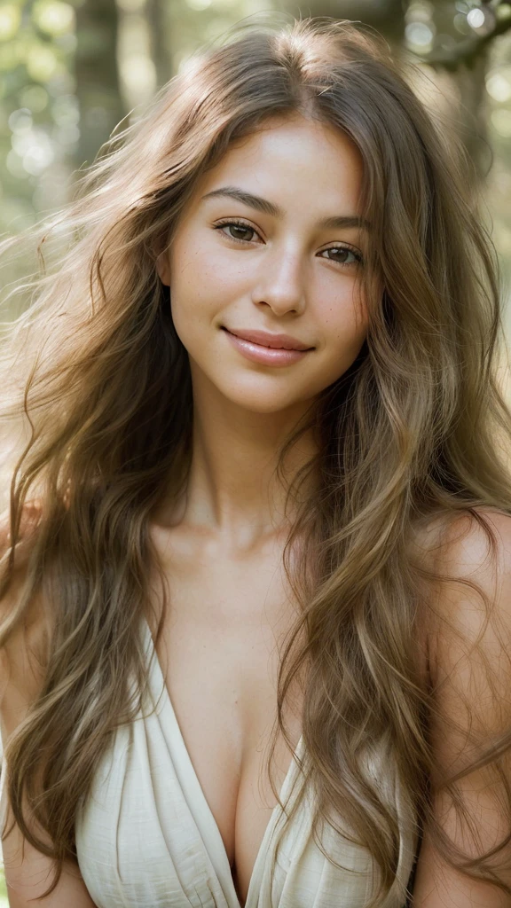 Create a high-resolution portrait of a woman showcasing natural beauty. Emphasize her flawless skin, gentle smile, and flowing hair under soft natural lighting. The focus should be on her serene expression and the simplicity of her appearance.