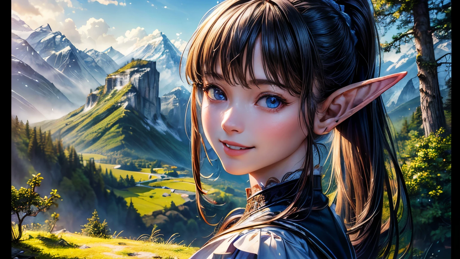 (masterpiece, Highest quality:1.3), (Super detailed:1.2), (hyperRealistic:1.3), (RAW Photos:1.2), High-definition RAW color photos, Professional photos, (PhotoRealistic:1.4), (Realistic:1.4),Professional Lighting, Perfect Anatomy,(Bright smile:1.2),High detail, Sharp focus,One girl,Mountain,forest,Elf,Gazing into the distance,Long black hair,Ponytail,blue eyes,Long skirt,sitting