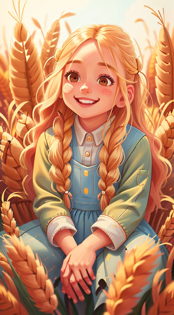 a smiling girl with long blonde hair sitting in a field of corn and wheat in front of farm, warm lighting, bokeh, extremely detailed face and eyes, beautiful detailed lips, longeyelashes, detailed farm girl outfit, provocative, photorealistic, vibrant colors, golden hour lighting, depth of field, cinematic composition