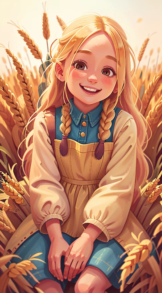 a smiling girl with long blonde hair sitting in a field of corn and wheat in front of farm, warm lighting, bokeh, extremely detailed face and eyes, beautiful detailed lips, longeyelashes, detailed farm girl outfit, provocative, photorealistic, vibrant colors, golden hour lighting, depth of field, cinematic composition