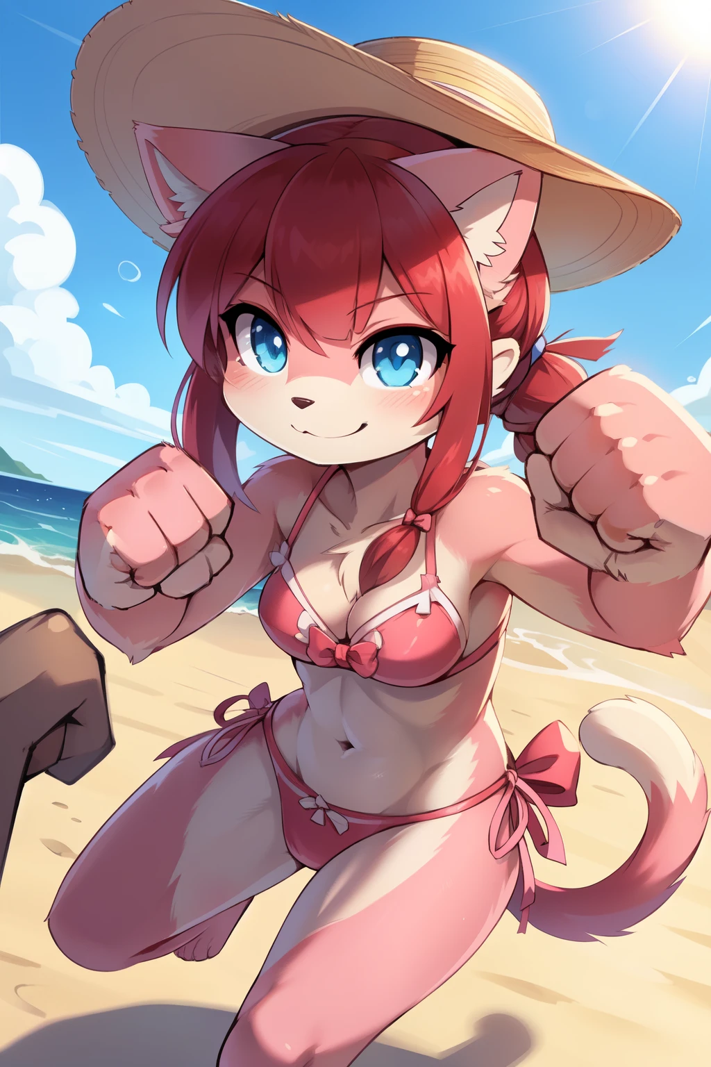 score_9,score_8_up,score_7_up, source_cartoon, source_furry, furry girl, cat, red hair, Knight bangs hairstyle, long ponytail, anime style, medium breasts, blue eyes, ((bright pink bikini Bandeau with bow in the center, side bows at the bottom, wide-brimmed hat)), high quality, detailed body, detailed eyes, detailed face, masterpiece, glistening body, detailed body fur, best quality, two tone body, pink fur, clear pink fur, perfect lighting, perfect shadows, perfect eyes, perfect hair, perfect face, gorgeous body, skinny, standing, solo, :3, smilling, standing, beach, clear sky, glowing blue eyes, outdoors, from above, fight, dynamic action shot, speed lines, motion blur, fighter pose, feet with three toes, ((punch act, fist, fist focus, punch)), detailed fist, detailed punch, jump, on air,