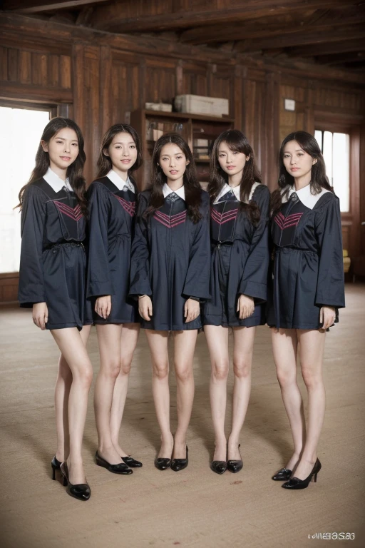 Five girls standing together，Very detailed face，Delicate eyes，Graduation photo,  Wearing academic dress, Slender long legs，postgraduate, Photo taken in 2023, happy 