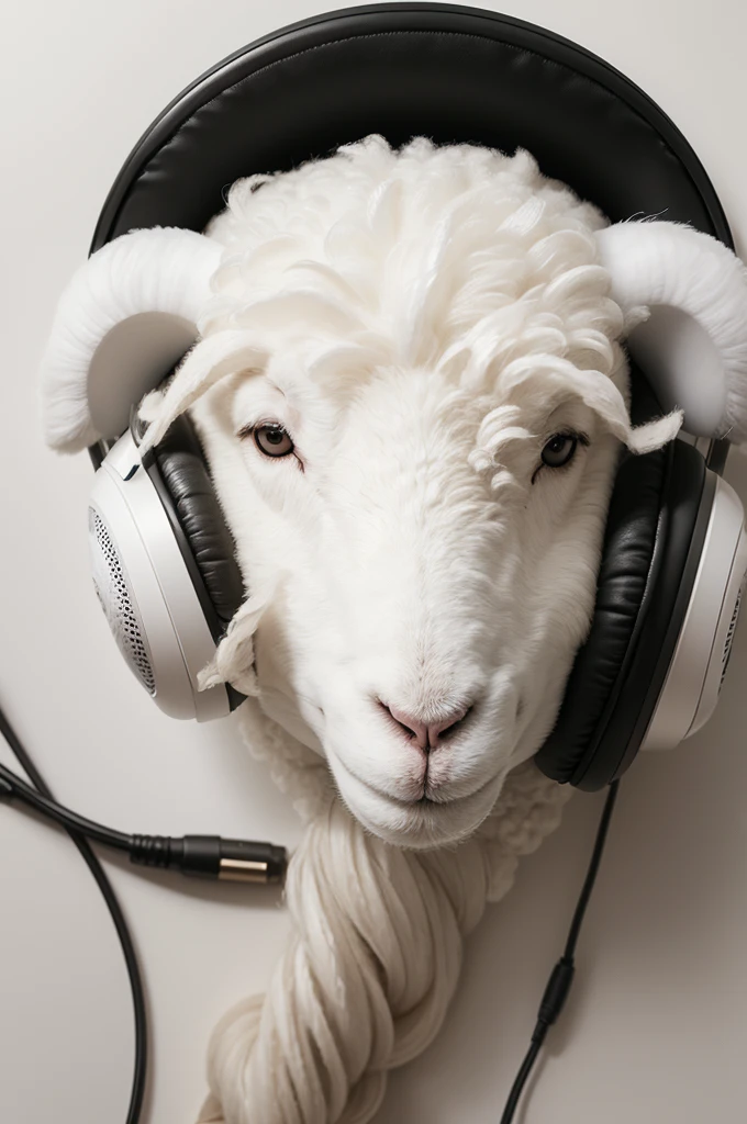 Create drawing of white sheep listening to music with black headphones