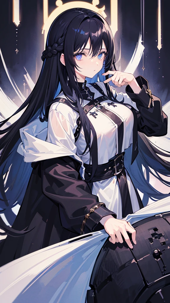 best quality, extremely detailed, anime style girl, long hair down to the waist, straight hair, dark black hair with bluish,crown braid,beautiful detailed eyes, pinched eyes, dark blue eyes, gradation eyes,huge breasts,((((black atmosphere)))),((Luxurious room)),((((cool)))),from side,sparkling eyes 