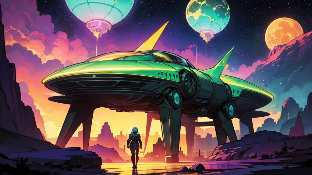 Create a dazzling alien world in the style of 1950s-70s comic book art. Use bold outlines, halftone patterns, and exaggerated perspective. Employ intense, saturated colors reminiscent of vintage four-color printing. Choose ONE of these elements:
-A gleaming futuristic city with impossible architecture and flying vehicles
-Bizarre, tentacled monsters with multiple eyes and otherworldly appendages
-A desolate, crater-filled landscape with twin moons in the sky
-Retro space girls in sleek silver suits and bubble helmets
-A massive, ring-shaped space station orbiting a technicolor planet
-Crystal formations and alien plant life in neon hues
Maintain a psychedelic, otherworldly atmosphere with swirling, colorful skies and strange celestial bodies. Emphasize the contrast between light and shadow to create a dramatic, pulp sci-fi feel.