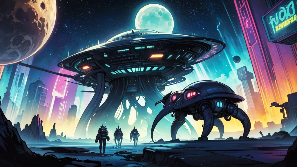 Create a dazzling alien world in the style of 1950s-70s comic book art. Use bold outlines, halftone patterns, and exaggerated perspective. Employ intense, saturated colors reminiscent of vintage four-color printing. Choose ONE of these elements:
-A gleaming futuristic city with impossible architecture and flying vehicles
-Bizarre, tentacled monsters with multiple eyes and otherworldly appendages
-A desolate, crater-filled landscape with twin moons in the sky
-Retro space girls in sleek silver suits and bubble helmets
-A massive, ring-shaped space station orbiting a technicolor planet
-Crystal formations and alien plant life in neon hues
Maintain a psychedelic, otherworldly atmosphere with swirling, colorful skies and strange celestial bodies. Emphasize the contrast between light and shadow to create a dramatic, pulp sci-fi feel.