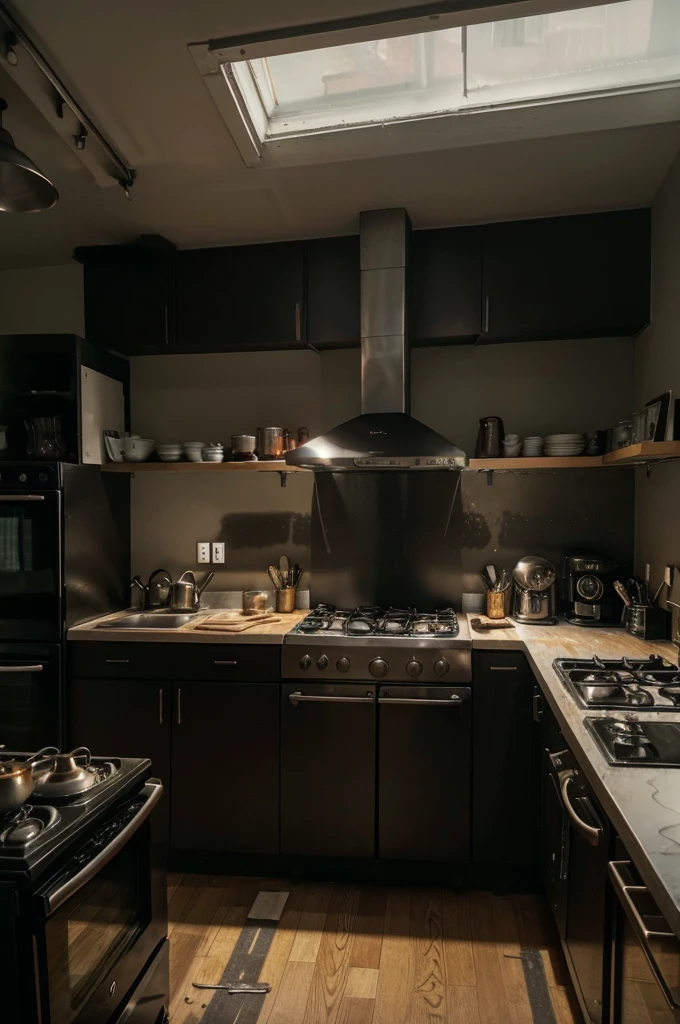 "a modern kitchen, well lit, with utensils and ingredients scattered across the counter. On the stove, a frying pan is on fire, with tall flames rising and spreading dark smoke throughout the room. Next to the stove, a sharp knife is lying on the floor, suggesting a recent accident. An open and spilled pot of oil on the counter adds to the chaos, with the oil slowly dripping to the edge. The stove flame is high, and the situation seems out of control. Safety equipment, like a fire extinguisher, are visibly out of reach, hanging on the far wall. The scene is tense and dramatic, highlighting the dangers of cooking without taking proper safety precautions."