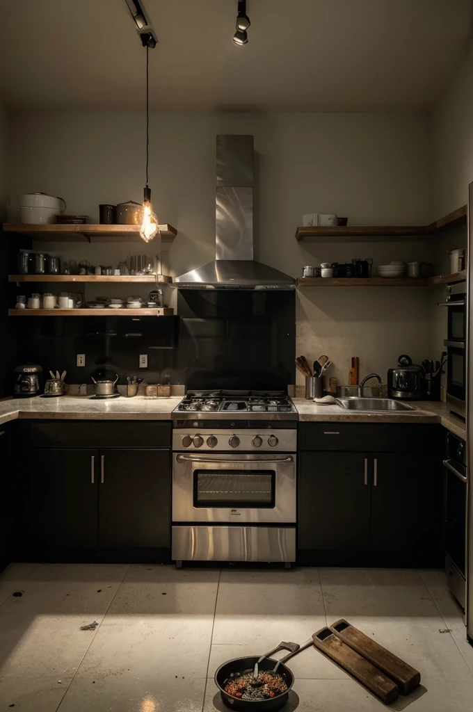 "a modern kitchen, well lit, with utensils and ingredients scattered across the counter. On the stove, a frying pan is on fire, with tall flames rising and spreading dark smoke throughout the room. Next to the stove, a sharp knife is lying on the floor, suggesting a recent accident. An open and spilled pot of oil on the counter adds to the chaos, with the oil slowly dripping to the edge. The stove flame is high, and the situation seems out of control. Safety equipment, like a fire extinguisher, are visibly out of reach, hanging on the far wall. The scene is tense and dramatic, highlighting the dangers of cooking without taking proper safety precautions."