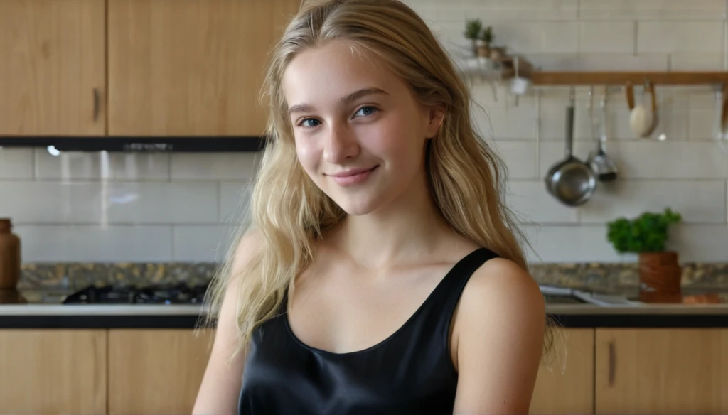 (best quality, 4k, 8k, high resolution, masterpiece: 1.2), ultra-detailed, full body, (realistic, photorealistic, photorealistic: 1.37), hyperrealistic art, detailed background, a girl , beautiful fair skin with European features, long blonde hair, wearing black silk shorts, wearing black silk tank top, in the kitchen, with her back to the viewer, looking over her shoulder at the viewer, leaning against the kitchen table, looking at the viewer, smiling at the viewer.