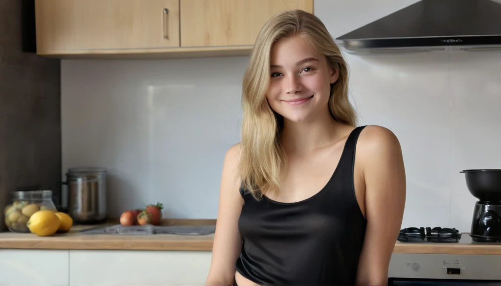 full body picture in the kitchen, cozy outfit, laughing with beautiful teeth, happy face, a little bit of impure skin, skin realistic, at home, cute outfit, young and cute face, chubby, best quality, Meisterwerk, Realistisches Foto, Komplizierte Details, RAW-Foto, Ultra-detailliert, blondes haar, cute face, Körpchengröße B, blondes Haar, perfekte und blaue Augen, HD quality, 8K, young woman, 20 Jahre alt