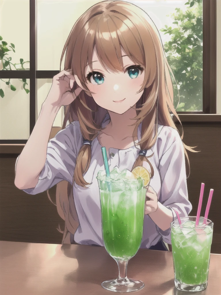 Anime girl drinking a green drink at a table by a window, Light blue long hair、Twin-tailed Girl、Bright smile、cream soda、Cute realistic portrait, Smooth anime CG art, with a drink, Cute girl anime visuals, Soda themed girl, Cute Anime Girl, Anime Moe Art Style, With a straw, Splash art anime